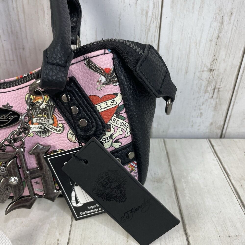 Ed Hardy Pink/Black Skull Tattoo Satchel Purse Studded Embroidered Zip Charm NWT - Picture 4 of 13